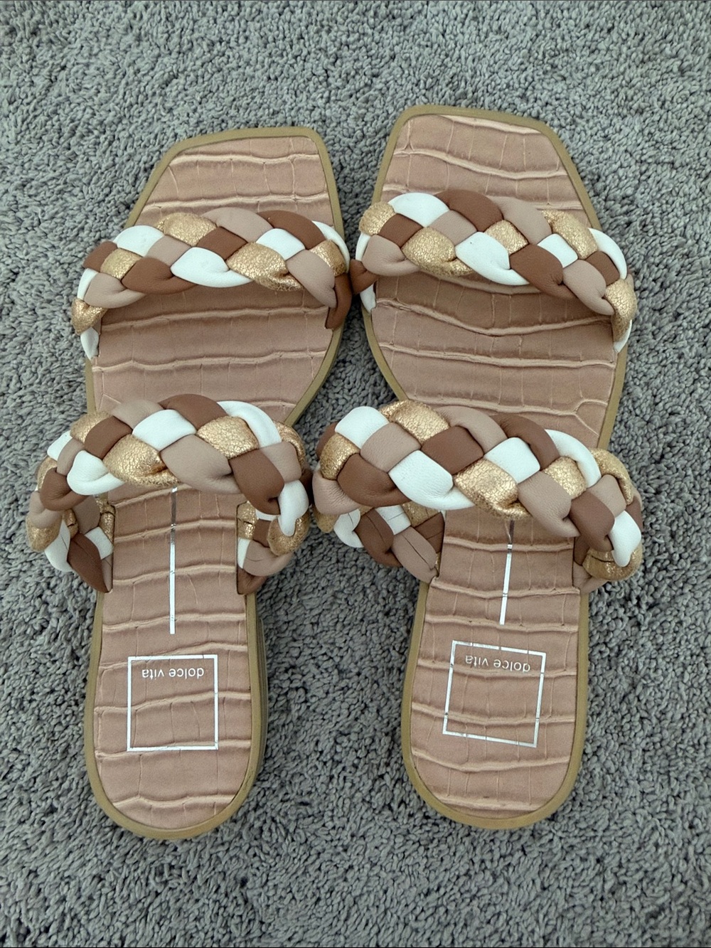 Dolce Vita Braided Slide Sandals in Tan, White & Gold size 7.5